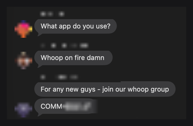 The real V1 group chat: a Whoop run share and members joining the group